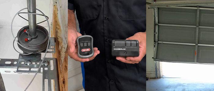This is an image showing broken garage door cables, off track garage door and replacement garage door opener remotes San Diego CA.