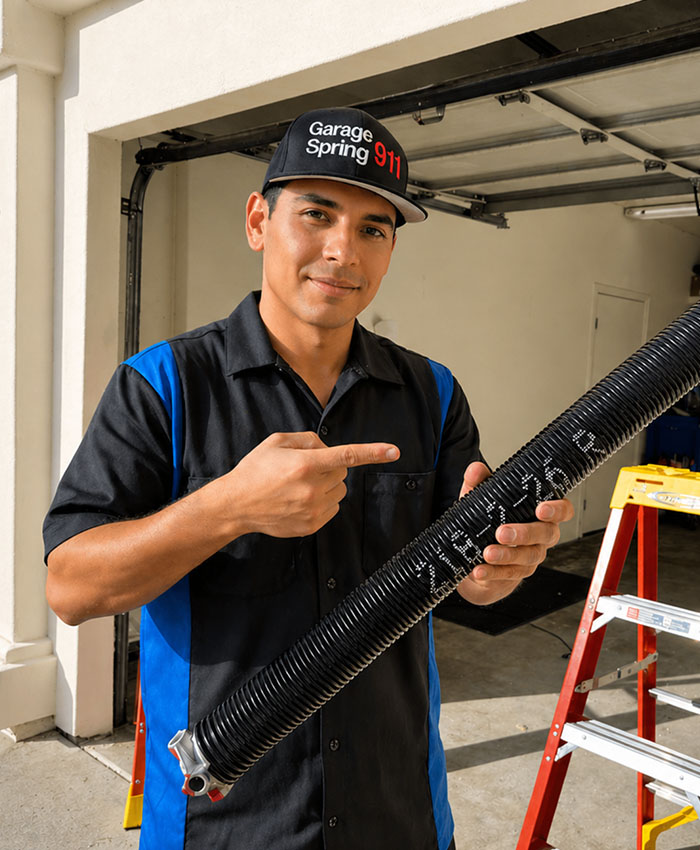 Garage door repair technician holding a broken torsion spring in San Diego CA.